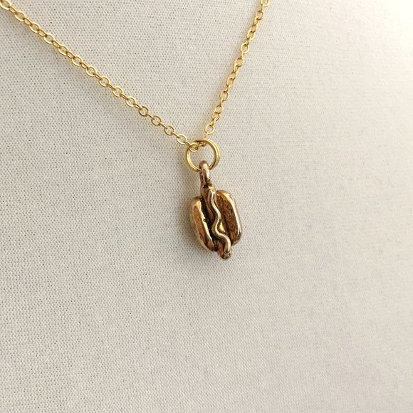 Miniature Gold Plated Pewter Hot dog on a bun Sausage Foodie Charm Necklace - Picture 3 of 5